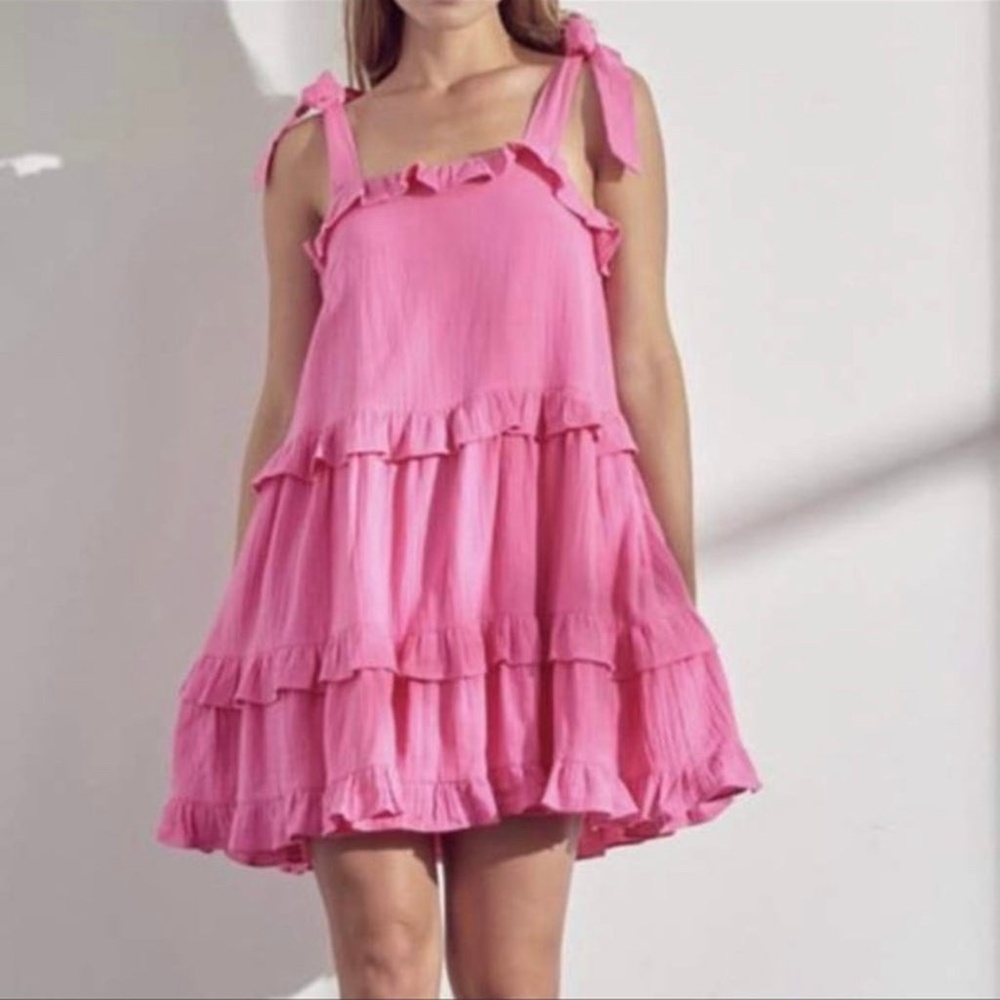 &Merci pink tiered tie shoulder short dress